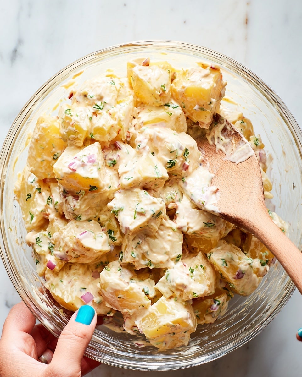A transparent glass bowl filled with chunky potato salad, showing about two layers of large potato pieces mixed with creamy, light beige dressing that has specks of green herbs and small bits of red onion. The potatoes are creamy yellow and soft in texture, covered evenly with the sauce, which has a slightly grainy look. A wooden spoon with a smooth surface is partially submerged in the salad, holding some of the mixture. A woman's hand with blue nail polish holds the edge of the bowl on the left side. The bowl rests on a white marbled surface. photo taken with an iphone --ar 4:5 --v 7