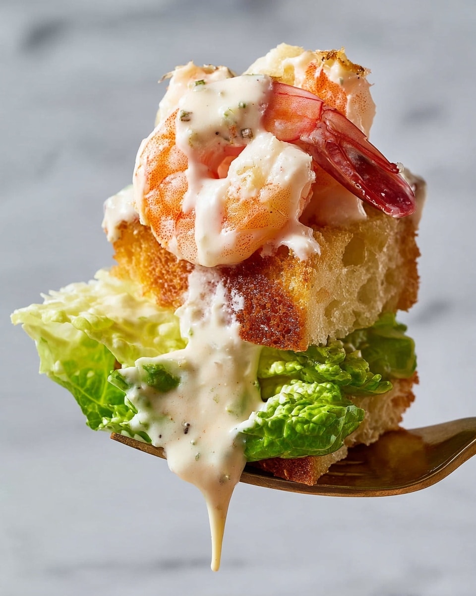 A fork holds a three-layer bite of food: the bottom layer is bright green lettuce with a fresh, crisp texture; above it sits a large pink-orange shrimp coated softly with a creamy white sauce that drips down its sides; on top is a piece of golden-brown toasted bread, also topped with some of the same creamy sauce. The background is a soft, light color with a white marbled texture. photo taken with an iphone --ar 4:5 --v 7