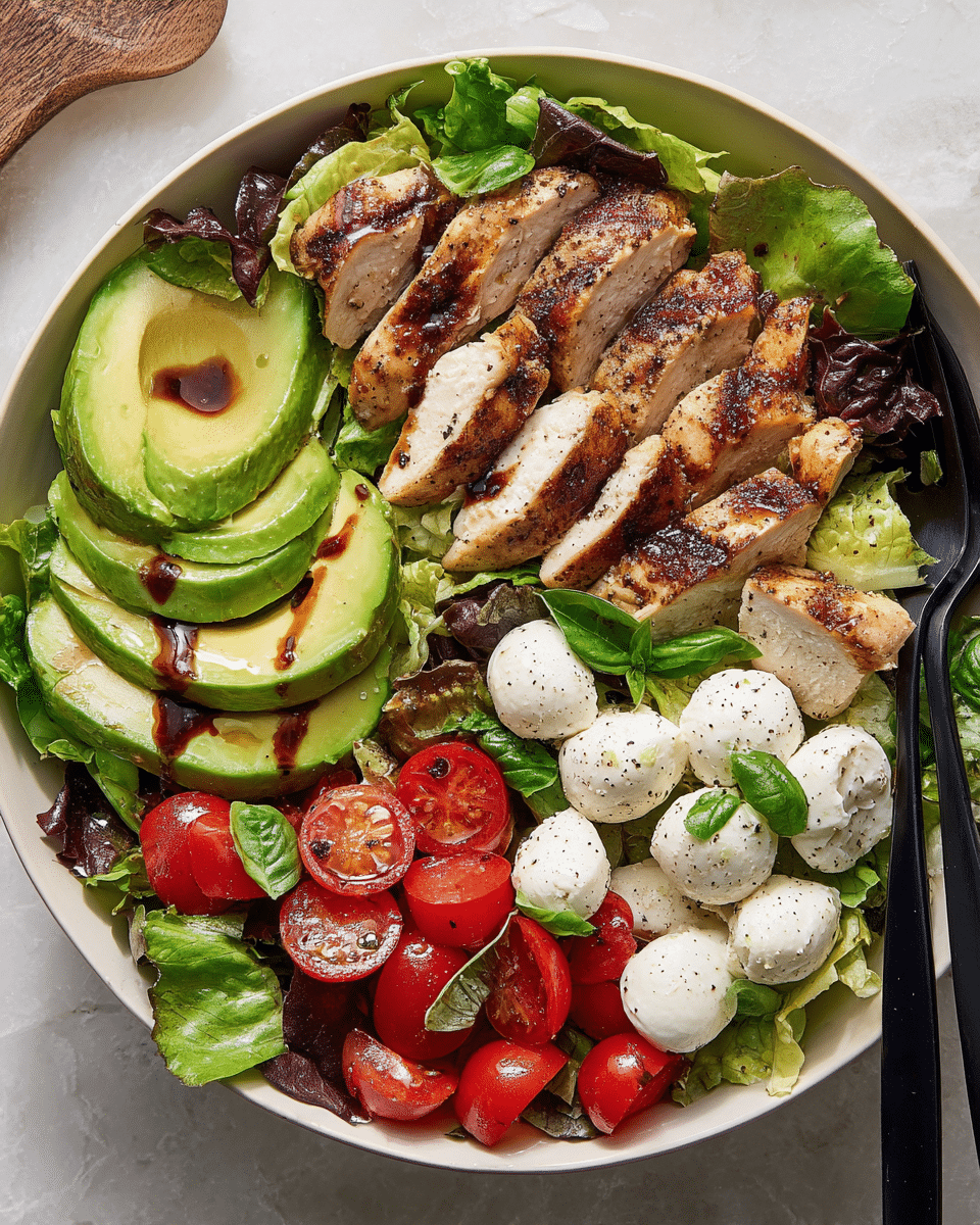 A white round bowl is filled with a fresh salad on a white marbled surface. The bottom layer is a bed of dark and light green lettuce leaves. On the left side, there are slices of bright green avocado with a light drizzle of dark brown dressing. At the top center, thick grilled chicken breast slices with charred grill marks are laid over the greens. On the lower right side, there are red cherry tomato halves mixed with white mozzarella balls, both lightly sprinkled with black pepper. Fresh green basil leaves are scattered over the salad, adding a pop of color. A pair of black forks rest inside the bowl on the right side. Photo taken with an iphone --ar 4:5 --v 7