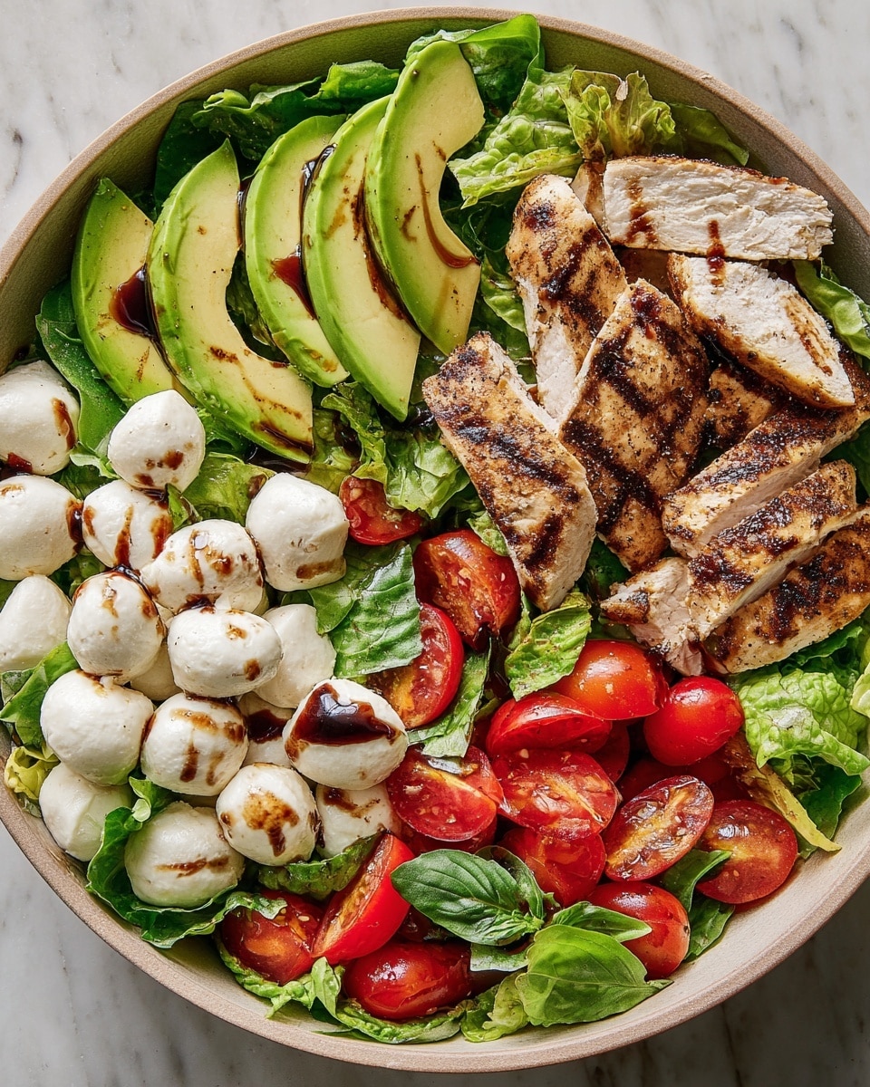A white round bowl filled with a fresh, colorful salad. The bottom layer is made of green lettuce leaves spread evenly. On the left side, there are slices of bright green avocado arranged in a fan shape, with a drizzle of dark balsamic dressing on top. On the top right, there are several grilled chicken breast slices showing a lightly charred, golden-brown crust and light juicy inside. The bottom left part has small, round, white mozzarella balls mixed with bright red cherry tomato halves, scattered over the lettuce, and also drizzled with the same balsamic dressing. Small green basil leaves are placed throughout the salad for extra color. The whole salad is set on a white marbled surface. photo taken with an iphone --ar 4:5 --v 7