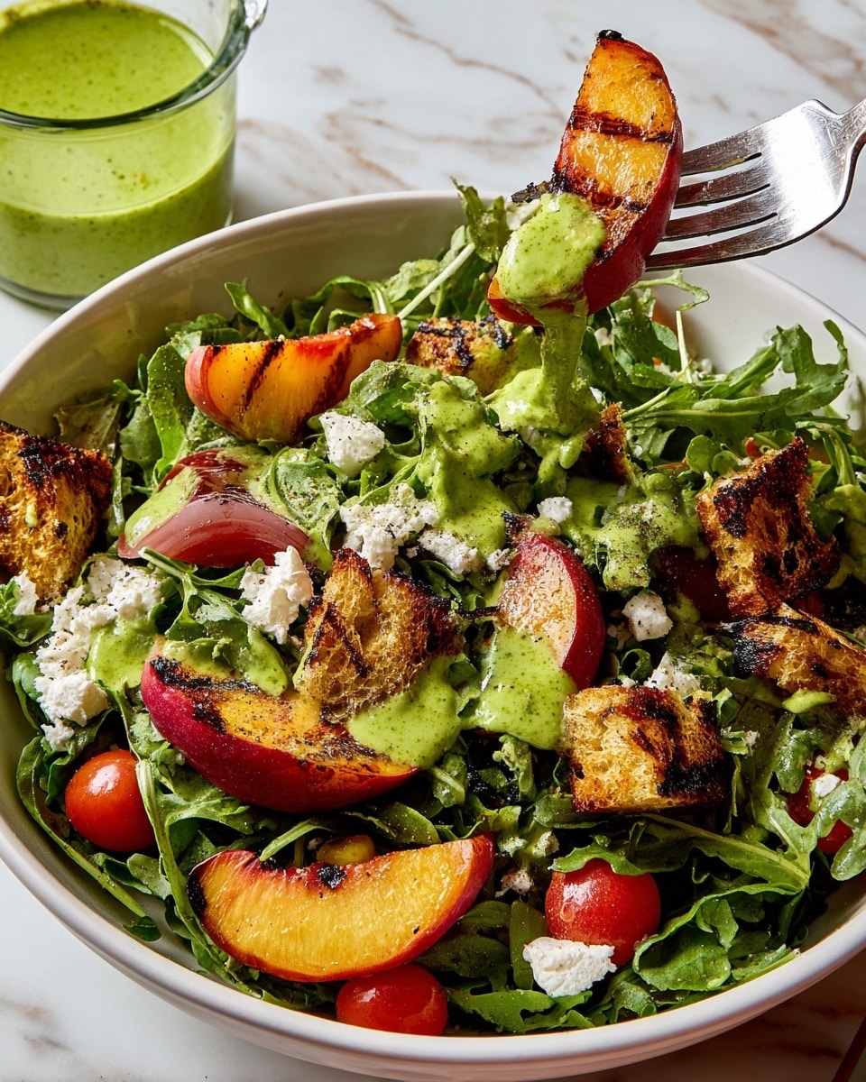 A fresh salad in a white bowl with layers of dark green arugula leaves as the base, topped with grilled peach slices showing dark char lines with red and orange hues, small red cherry tomato halves, and crumbled white feta cheese scattered throughout. There are crispy toasted bread pieces with golden brown and slightly blackened edges placed on top, all drizzled with a bright green creamy dressing. A metal fork lifts a portion showing a grilled peach slice along with arugula, feta, and dressing, while a small glass container holds more green dressing in the background. The scene is set on a white marbled surface. photo taken with an iphone --ar 4:5 --v 7