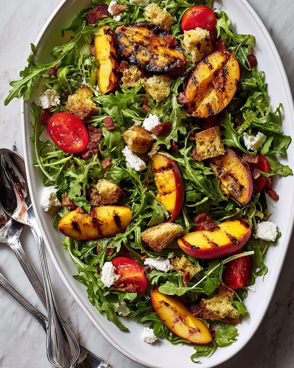 A white oval dish holds a fresh salad showing several layers: the bottom layer is green arugula leaves with a slightly rough texture; scattered on top are grilled nectarine slices with dark brown char lines and a yellow-orange inside, alongside bright red cherry tomato halves. There are also small chunks of creamy white goat cheese and toasted croutons with a crunchy golden brown crust, each crouton showing darker grill marks. A few tiny bits of crispy bacon add reddish-brown specks throughout. Two sleek silver serving spoons rest on the side of the dish, all set on a white marbled surface photo taken with an iphone --ar 4:5 --v 7