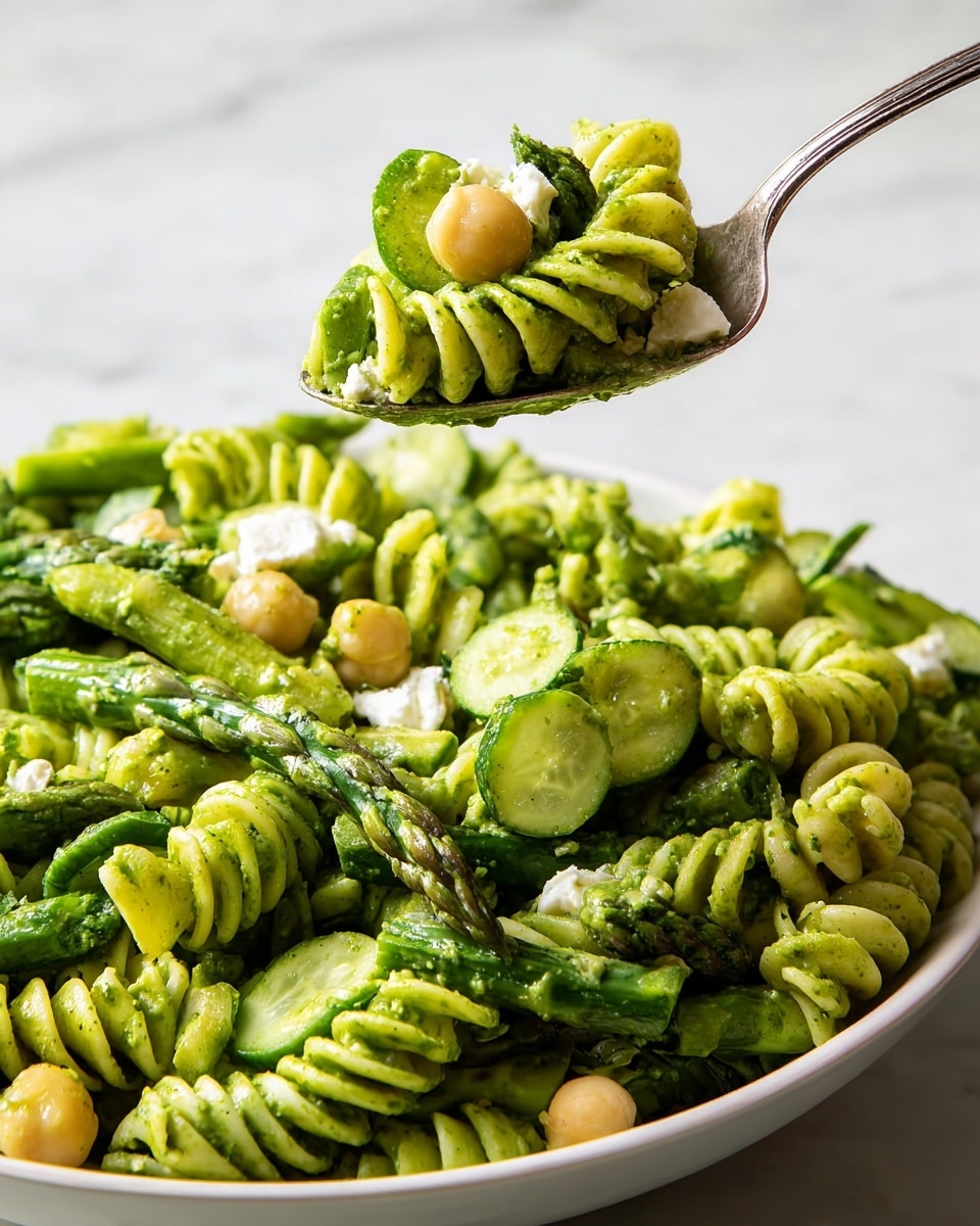 The image shows a close-up of a white bowl filled with green spiral pasta mixed with green vegetables such as asparagus, cucumber slices, and chickpeas, with small chunks of white cheese scattered throughout. A silver spoon lifts a bite of the pasta mixture above the bowl, highlighting the texture of the pasta coated in a green sauce and the fresh vegetables. The background is a white marbled surface, adding a clean and fresh feel to the presentation. photo taken with an iphone --ar 4:5 --v 7