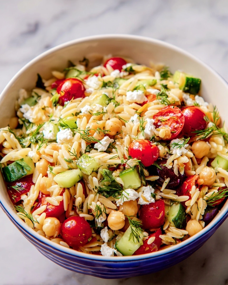 A close-up of a white bowl filled with a colorful orzo salad is shown on a white marbled surface. The salad has several layers and textures: small golden orzo pasta pieces make the base, mixed with light beige chickpeas scattered throughout. Bright red cherry tomato halves and fresh sliced green cucumbers add vibrant pops of color among the pasta. Crumbled white feta cheese pieces are sprinkled on top, along with small green herb leaves, possibly dill, adding fresh detail. The ingredients are mixed evenly, creating a fresh and inviting look. photo taken with an iphone --ar 4:5 --v 7