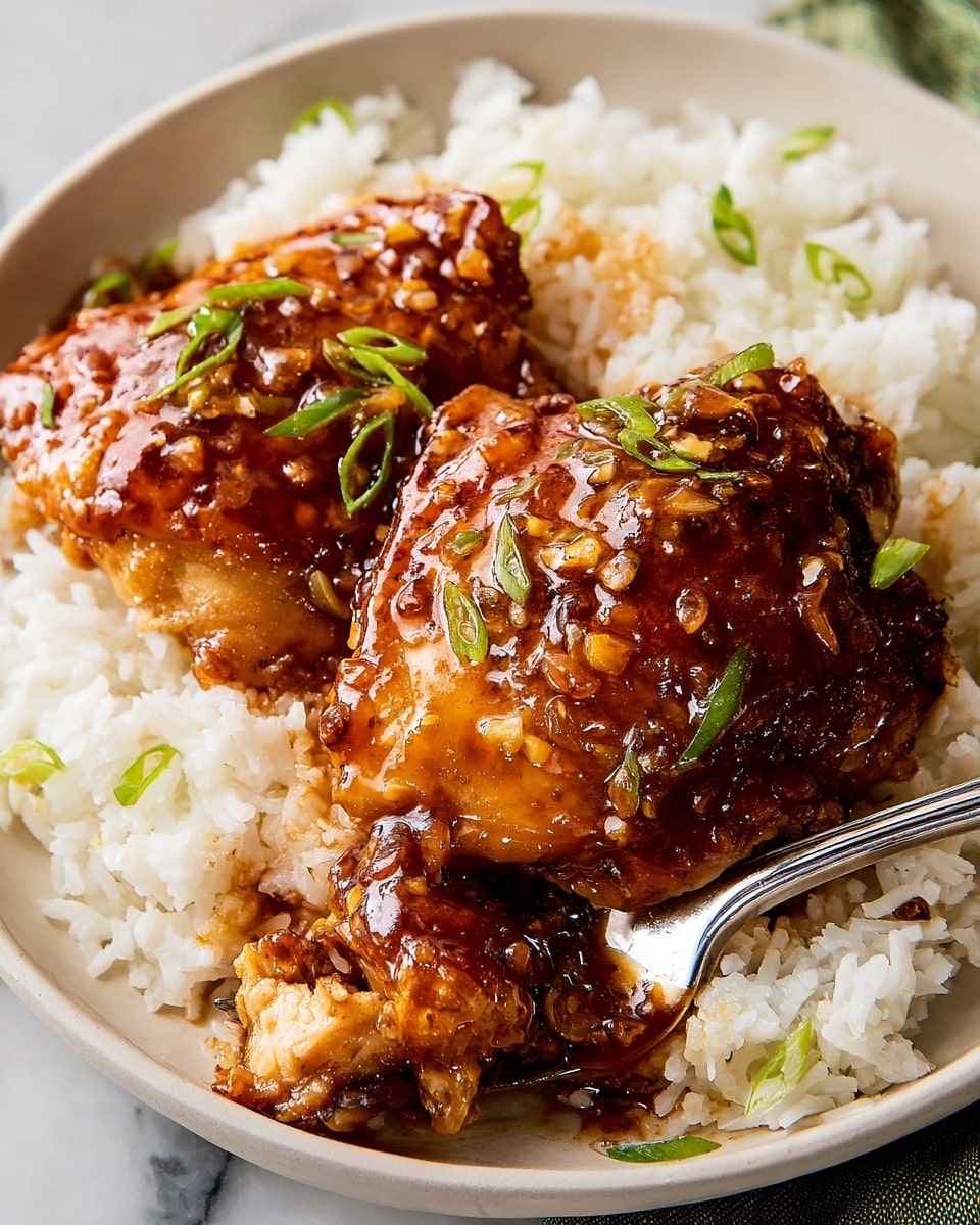 A close-up view of two pieces of glazed chicken thighs with a shiny, rich brown sauce on top, resting on a bed of white fluffy rice that fills the white plate. The sauce has a glossy texture with small bits of garlic and sliced green onions sprinkled over the chicken, adding pops of green color. A fork lifts some rice and sauce from the plate, showing the moist texture of the dish. The plate is on a white marbled surface, giving a clean and bright background to the meal. Photo taken with an iphone --ar 4:5 --v 7