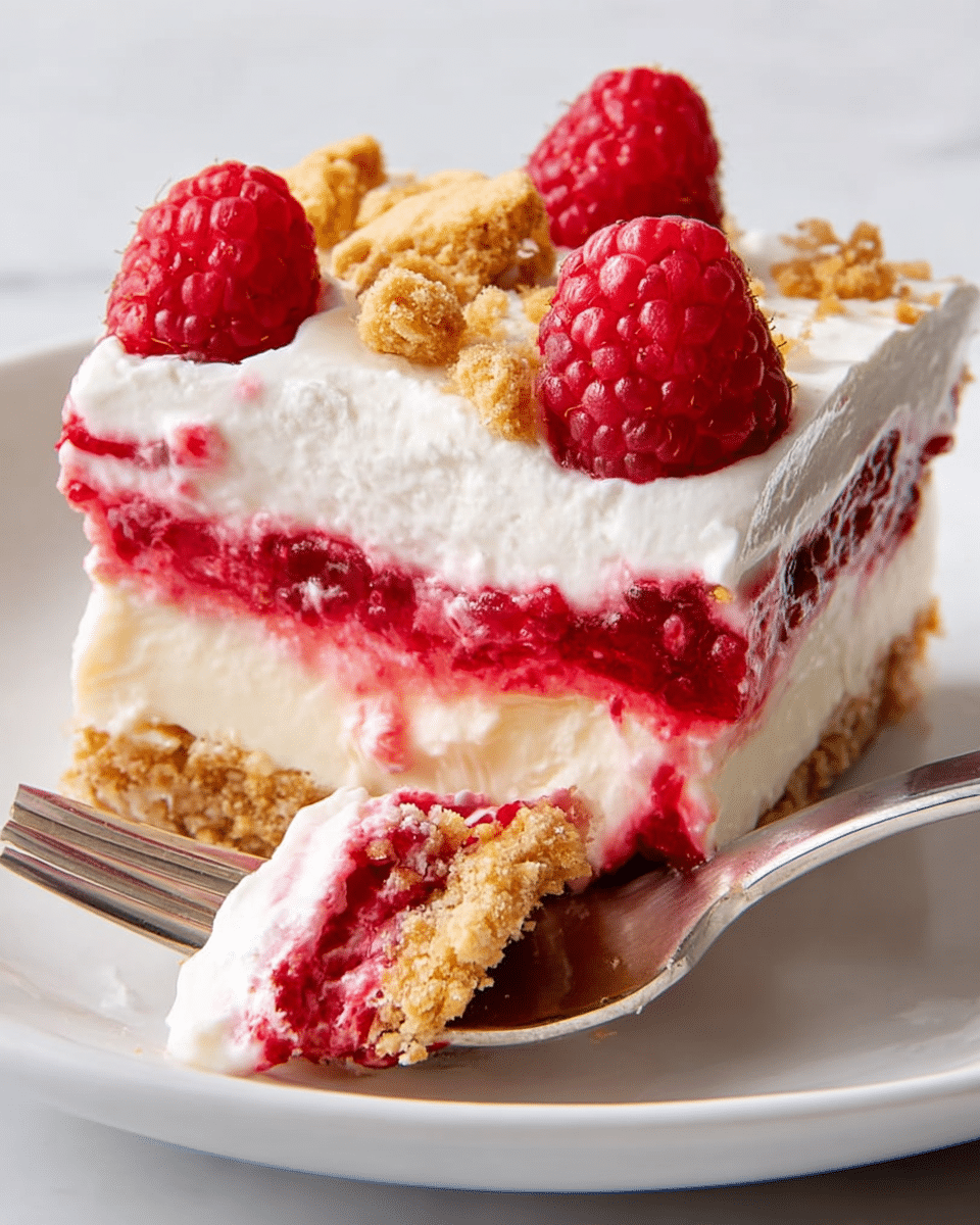 The dessert is a square slice with four clear layers in a white tray on a white marbled surface. The bottom layer is a crumbly, light brown crust. Above it is a smooth, pale cream layer. The third layer is a bright red raspberry filling with visible seeds, textured and slightly shiny. The top layer is thick white cream, fluffy and soft, spread evenly. On top, fresh red raspberries and small pieces of crumbly crust are scattered as decoration. The sides show the clean separation of each layer, and some crumbs fall around the white tray. Photo taken with an iphone --ar 4:5 --v 7