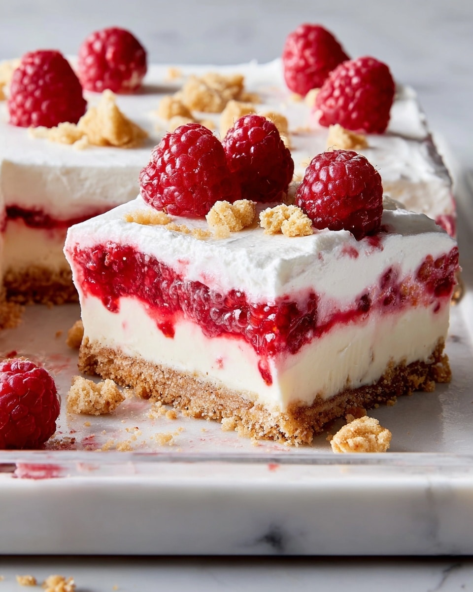 A close-up of a slice of layered dessert on a white plate, placed on a white marbled surface. The dessert has four layers: a thick, crumbly golden-brown crust at the bottom, a thick creamy white layer above it, a bright red raspberry layer full of whole and crushed raspberries in the middle, and a fluffy white cream layer on top. On the cream layer, there are three whole raspberries and small crumbled cookie pieces. A fork is holding a bite-sized piece of the dessert, showing the soft texture of the cream and raspberry layers. photo taken with an iphone --ar 4:5 --v 7