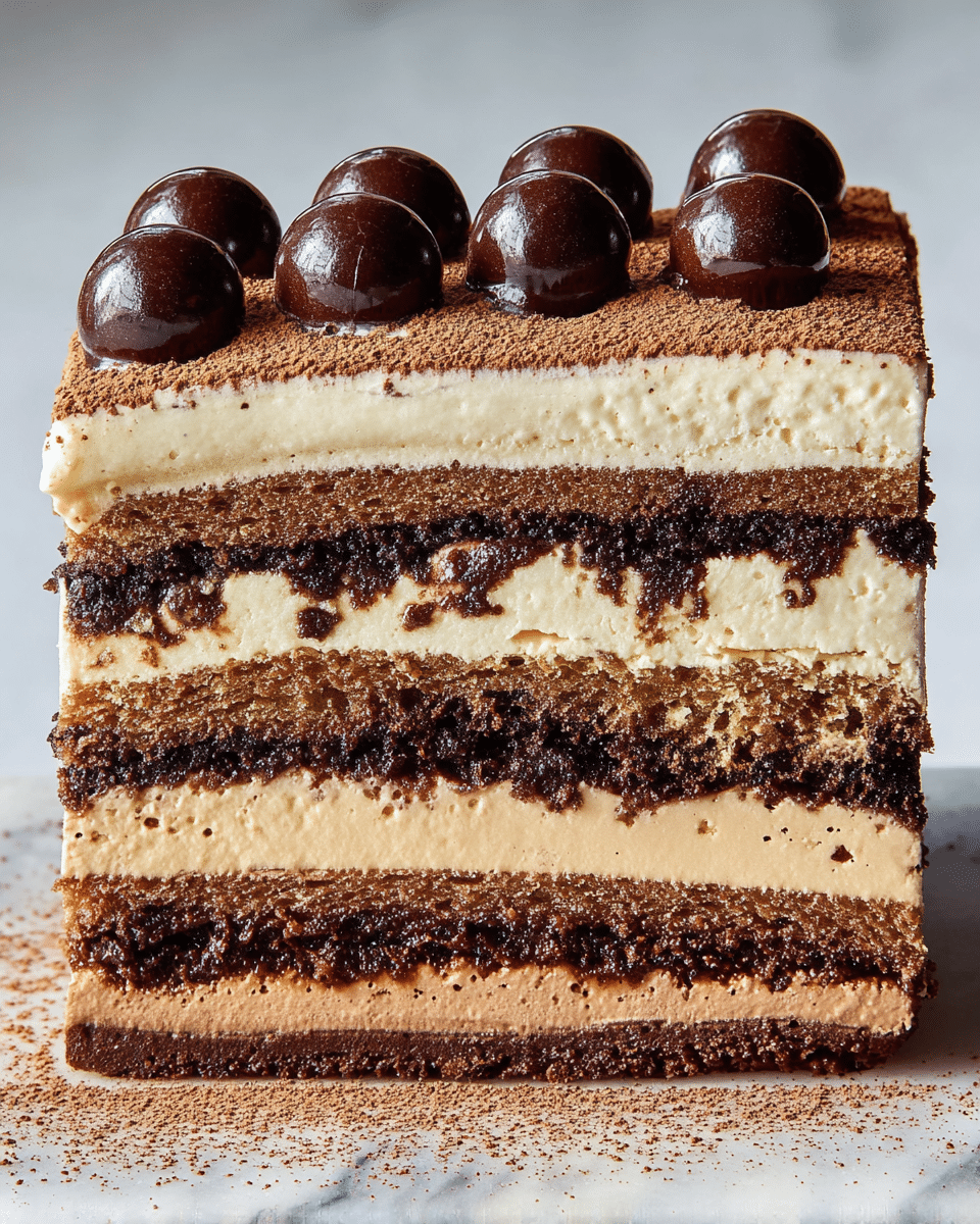 A close-up of a multilayered slice of cake on a white marbled surface, showing five clear layers alternating between creamy light beige and rich dark brown textures, with the cream layers being smooth and soft and the chocolate layers moist and dense; the top layer of cream is decorated with round, shiny dark chocolate balls on one side and dusted with a fine brown powder on the other; the cake has a neat, sharp edge dusted with more brown powder on the top left corner; photo taken with an iphone --ar 4:5 --v 7