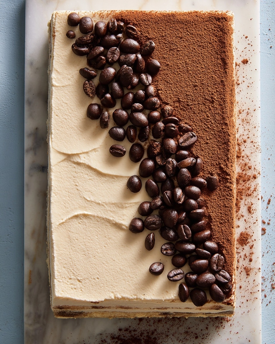 The image shows a rectangular dessert on a white marble board, divided diagonally into two distinct parts. On the left side, there is a thick, creamy light beige layer with a smooth and soft texture, topped with shiny dark brown chocolate-covered coffee beans scattered evenly. The right side is covered in a dense layer of fine brown cocoa powder, creating a dry and powdery texture. Some cocoa powder spills onto the white marble surface, adding contrast. The dessert edges are clean and sharp, showing a well-set shape. Photo taken with an iphone --ar 4:5 --v 7