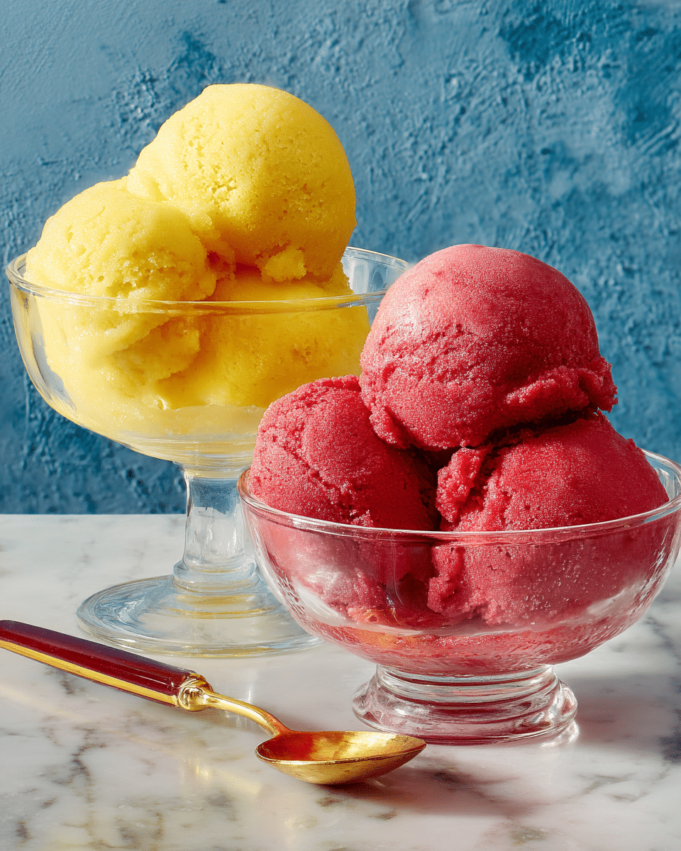 The image shows two glass dessert bowls on a white marbled surface. One bowl is in the back filled with three round scoops of bright yellow sorbet, each scoop having a smooth yet slightly icy texture. The second bowl in the front holds three round scoops of deep red sorbet, also smooth and icy, almost touching the edge of the bowl. There is a silver spoon with a brown-red handle placed in the front right corner near the bowls. The background is a rough-textured blue wall that contrasts with the bright colors of the sorbets. Photo taken with an iphone --ar 4:5 --v 7