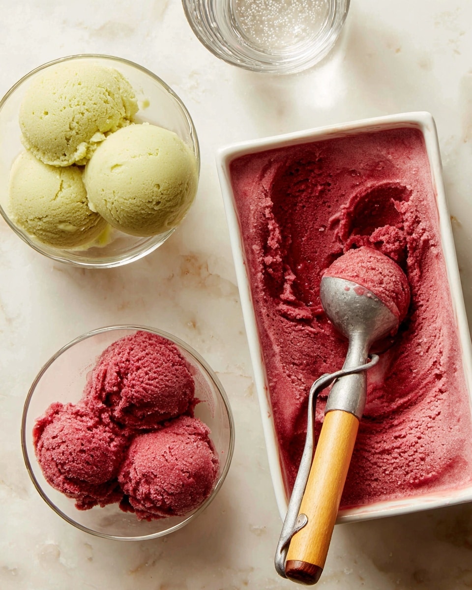 The image shows two clear glass bowls and a white rectangular container on a white marbled surface. One glass bowl holds three rounded scoops of pale green sorbet, with a soft and slightly grainy texture. The other glass bowl contains two scoops of deep red sorbet, smooth and creamy, with a spoon that has a silver scoop and a wooden handle inside. The white rectangular container is filled with the same deep red sorbet, textured and slightly melting at the edges, with a metal ice cream scoop sitting inside, holding a round scoop of sorbet. A clear glass of water is partially visible near the top of the image. photo taken with an iphone --ar 4:5 --v 7