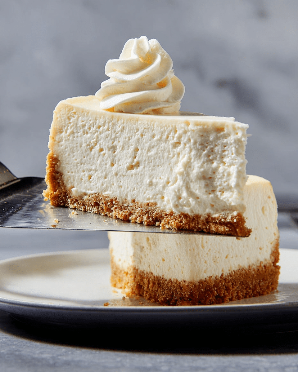 A close-up of a slice of creamy beige cheesecake with dark specks throughout, divided into two visible layers: a thick smooth cream cheese filling on top and a crumbly, golden-brown graham cracker crust at the bottom. A small swirl of the same creamy filling decorates the top of the slice like a flower. The cheesecake slice rests on a white plate, placed on a white marbled surface, with a silver fork lying next to it holding the slice. Photo taken with an iphone --ar 4:5 --v 7