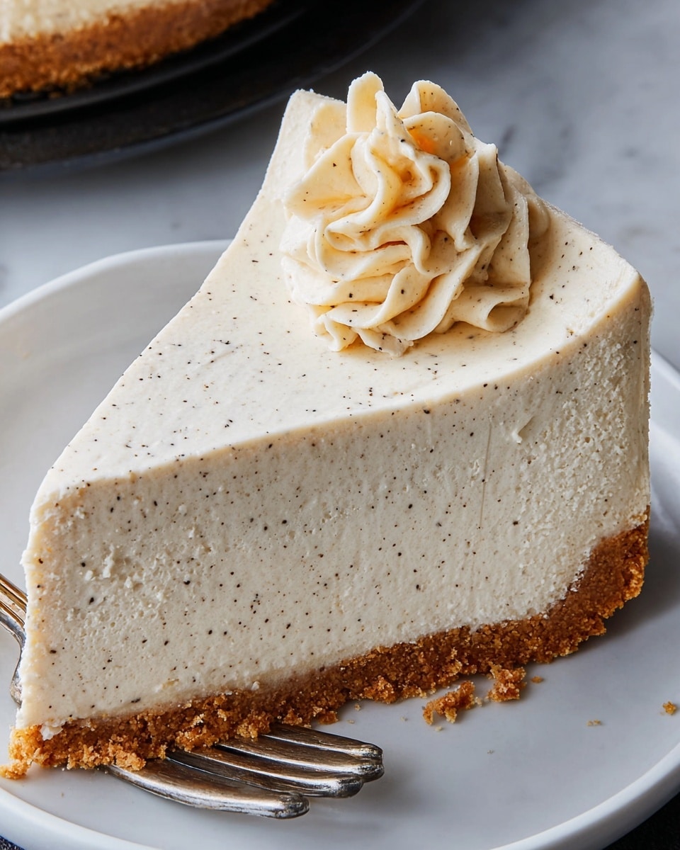 The image shows a slice of cheesecake with two layers. The bottom layer is a thick, crumbly, golden-brown crust. The top layer is a thick, creamy white cheesecake filling with a smooth texture and small visible specks. On top, there is a small swirl of white whipped cream adding a soft, fluffy touch. The slice is held above a white plate by a silver spatula against a white marbled texture background. photo taken with an iphone --ar 4:5 --v 7