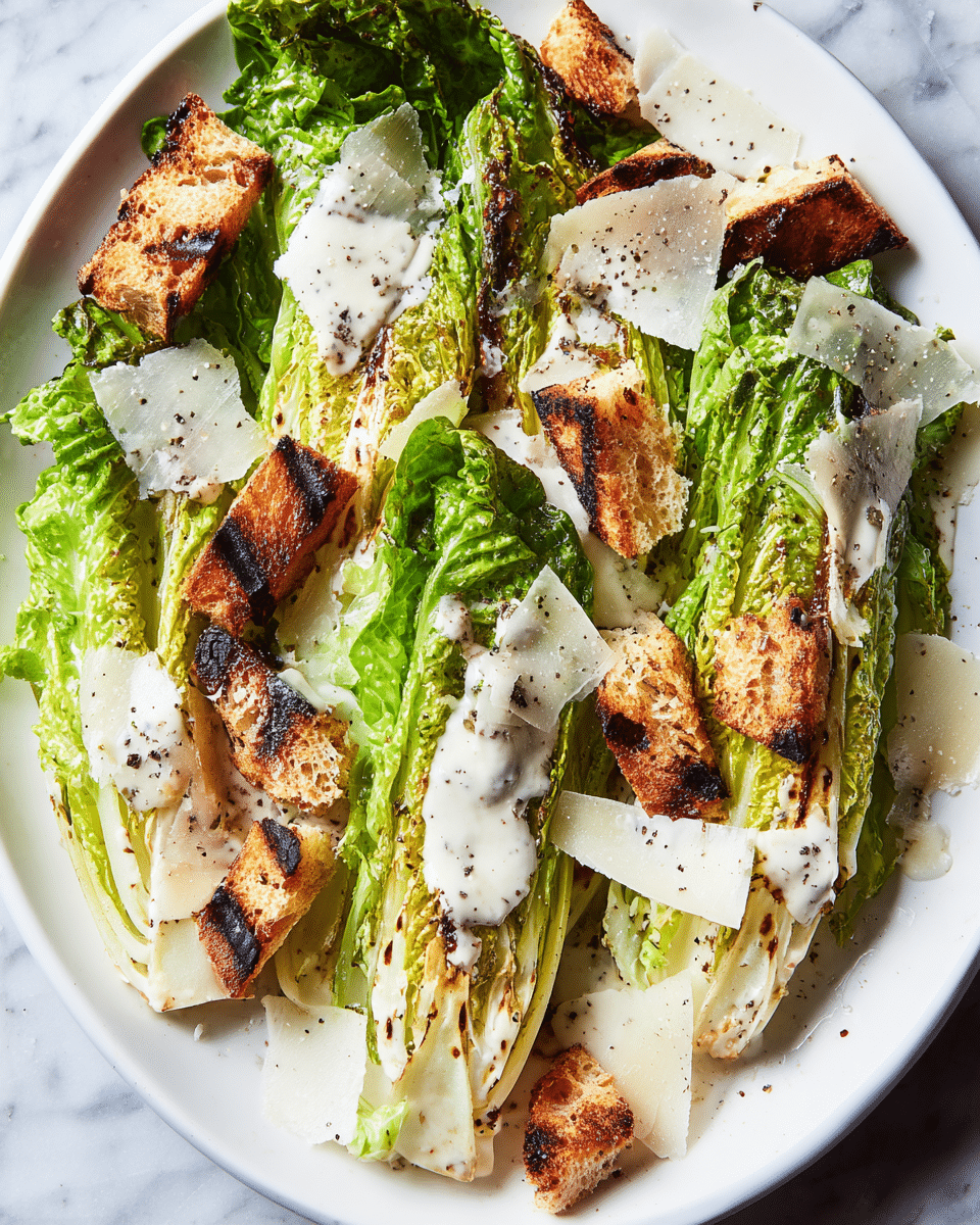 A white plate holds a fresh grilled romaine salad with three large green romaine lettuce halves, showing char marks on the edges. Scattered on top are uneven pieces of golden-brown toasted bread with darker charred areas, adding texture. Thin, large shards of pale white cheese lay over the lettuce and bread. A creamy dressing is drizzled unevenly across the salad, with small black pepper specks sprinkled all over. The plate sits on a white marbled textured surface. photo taken with an iphone --ar 4:5 --v 7