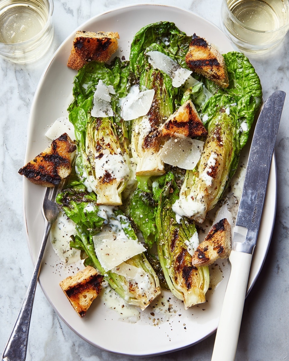 The dish shows a white oval plate with two large grilled romaine lettuce halves in the center, their green leaves slightly charred and shiny with dressing. Scattered around and on top of the lettuce are several pieces of toasted bread with dark grill marks and a crispy, golden-brown texture. White creamy dressing is drizzled unevenly over the lettuce and bread pieces, and thin pale cheese shavings are sprinkled on top. Black pepper dots the food lightly. A white-handled fork with a piece of lettuce on it rests on the left side of the plate, while a white-handled knife sits on the right side. The plate is set on a white marbled textured surface with a glass of light-colored liquid nearby. Photo taken with an iphone --ar 4:5 --v 7
