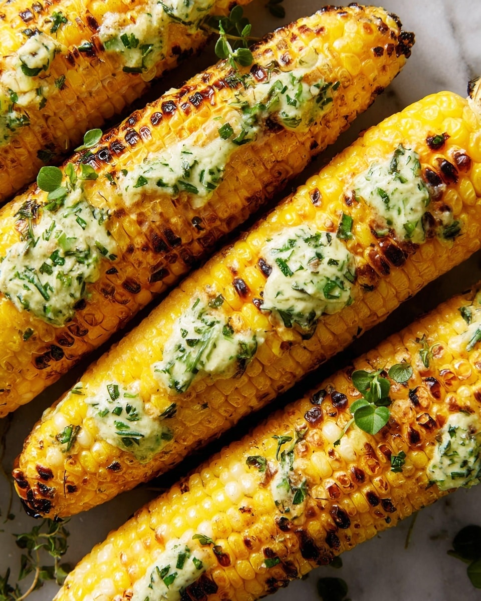 The image shows several grilled corn on the cobs arranged closely on a white marbled surface. Each ear of corn has a bright yellow color with some parts charred in dark brown and black spots, creating a textured, smoky look. A creamy layer of green herb butter, slightly melted, is spread unevenly over the corn kernels, adding a fresh, soft texture with visible green bits from chopped herbs. Small green herb leaves are scattered on and around the corn, adding contrast and detail. The close-up view captures the juicy, glossy kernels and the creamy butter on top, highlighting the mix of warm yellow, green, and brown colors. photo taken with an iphone --ar 4:5 --v 7