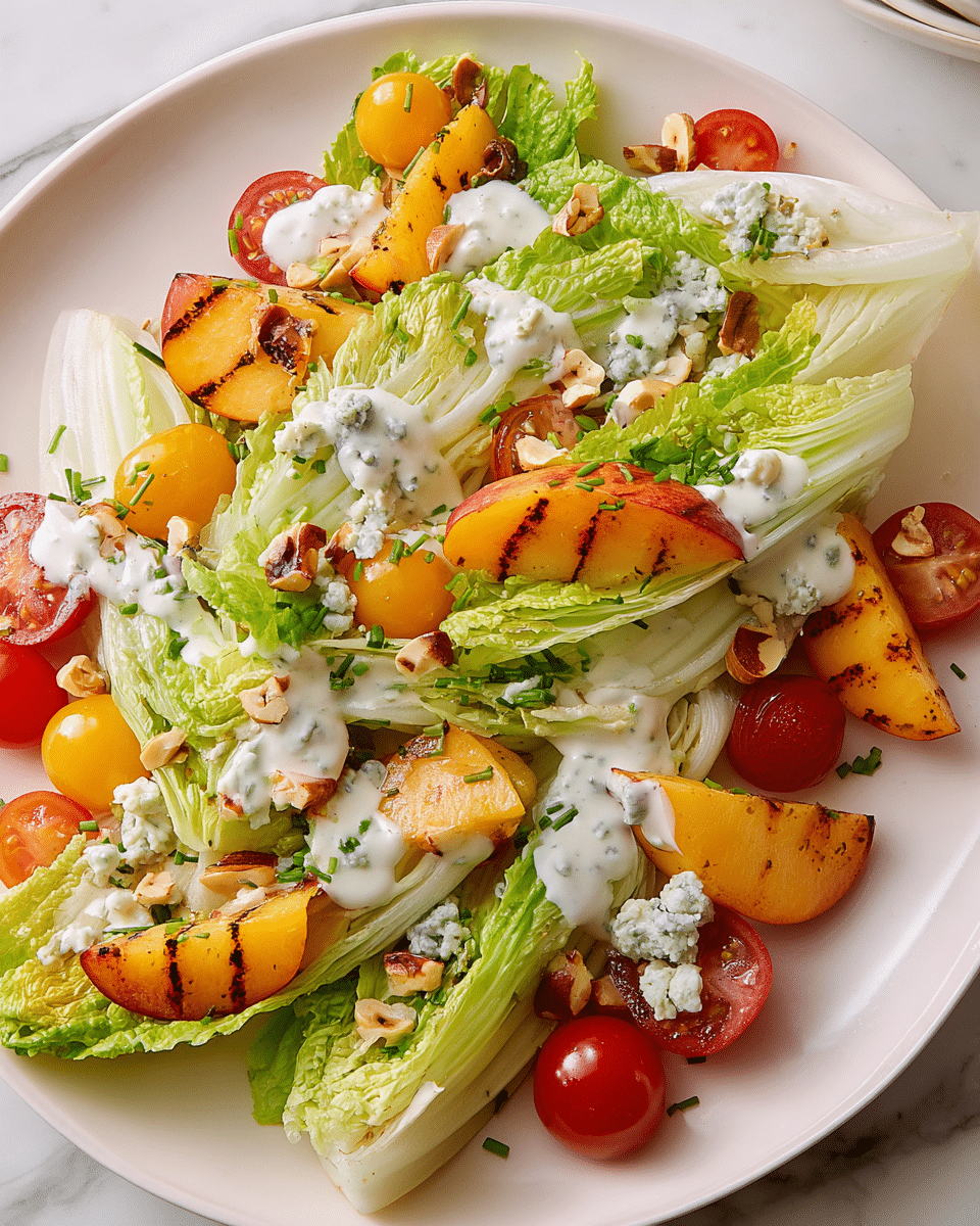 A white plate holds a fresh salad with layered wedges of pale green iceberg lettuce as the base. On top and between the lettuce layers are golden grilled peach slices with a slightly charred texture. There are also halved bright red and yellow cherry tomatoes scattered around. Creamy white dressing with green herb bits is drizzled generously over the salad. Small clusters of crumbled blue cheese are placed on the lettuce sections. To finish, whole and halved toasted hazelnuts and small green chive pieces are sprinkled across the dish. The plate is set on a white marbled surface. photo taken with an iphone --ar 4:5 --v 7