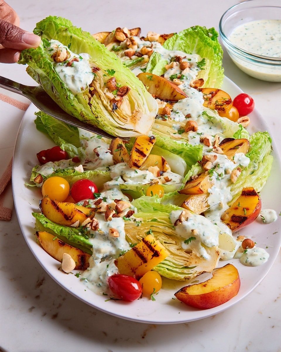 The image shows a fresh salad on a white plate, placed on a white marbled surface. The salad has several wedges of light green iceberg lettuce, each topped with creamy white dressing speckled with green herbs. Grilled peach slices with golden-brown grill marks are arranged among the lettuce. Small red and yellow cherry tomato halves add bright pops of color, scattered across the salad. Toasted hazelnuts are sprinkled on top, adding a crunchy texture. A woman's hand holding a serving spatula lifts one portion of the salad, showing the rich layers and textures clearly. In the background, a small clear bowl with more creamy herb dressing is visible. Photo taken with an iphone --ar 4:5 --v 7