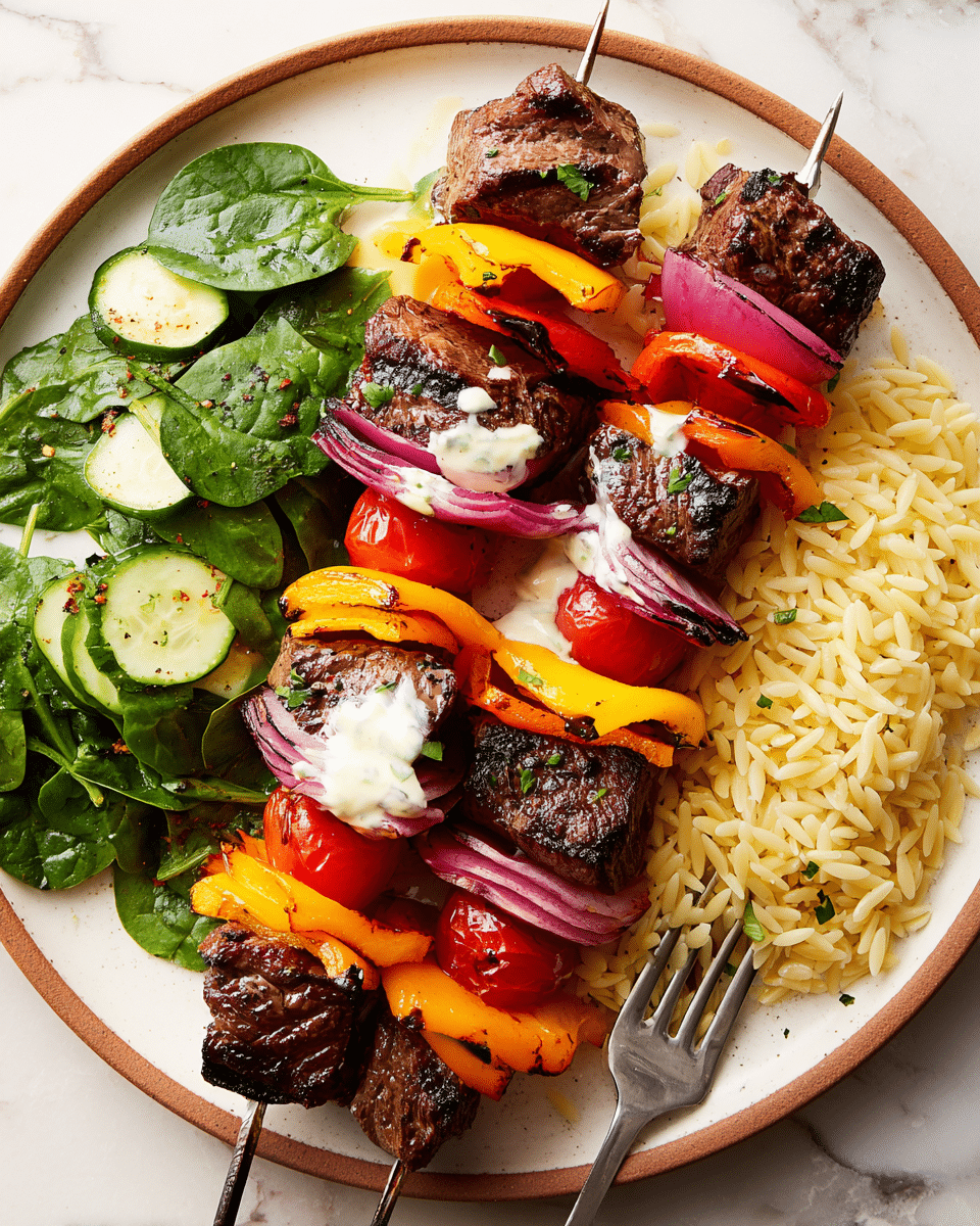 Two skewers rest on a white plate with a brown rim against a white marbled texture. Each skewer has four layers of grilled dark brown beef cubes with slight char marks, positioned alternately with vibrant layers of bell peppers in yellow and orange, slices of red onion in a purple hue, and round shiny red cherry tomatoes. There is a drizzle of creamy white sauce across the beef and vegetables. On one side of the plate, a fresh spinach salad with dark green leaves and light green cucumber slices is lightly coated with creamy dressing. On the other side, there is a mound of light golden yellow orzo pasta, with small green herb bits mixed in. A silver fork rests on the orzo to the right side of the plate. photo taken with an iphone --ar 4:5 --v 7