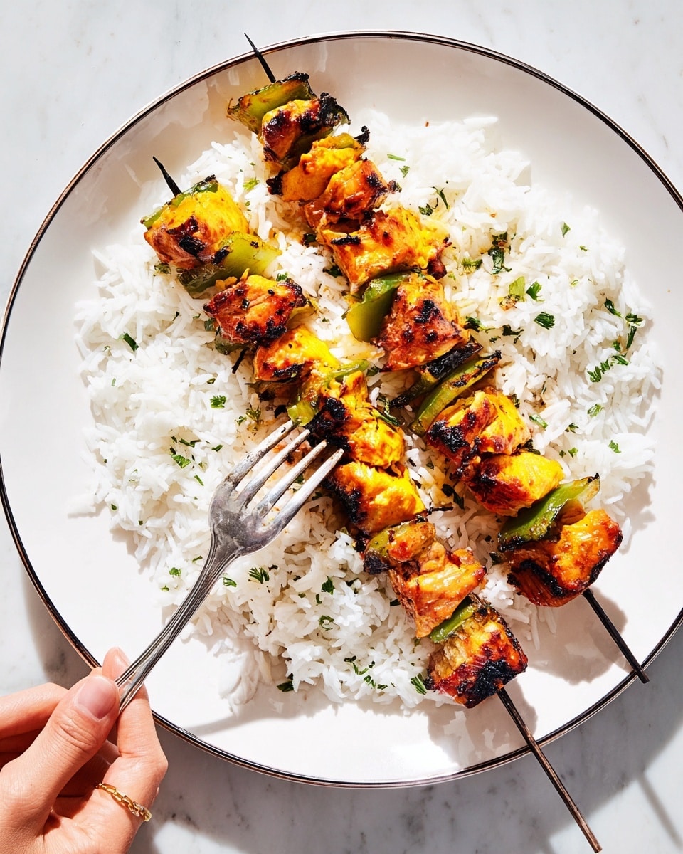 A white plate with a thin dark rim holds a bed of fluffy white rice sprinkled with small green herbs. On top, there are two metal skewers of grilled kebabs placed diagonally; the kebabs have grilled chunks of orange-yellow chicken, green bell pepper pieces, and some darker grilled edges, creating a slightly charred texture. A woman's hand holding a silver fork is piercing the kebab on the lower skewer, showing a close-up of the glossy, cooked pieces. The dish is presented on a white marbled surface. photo taken with an iphone --ar 4:5 --v 7