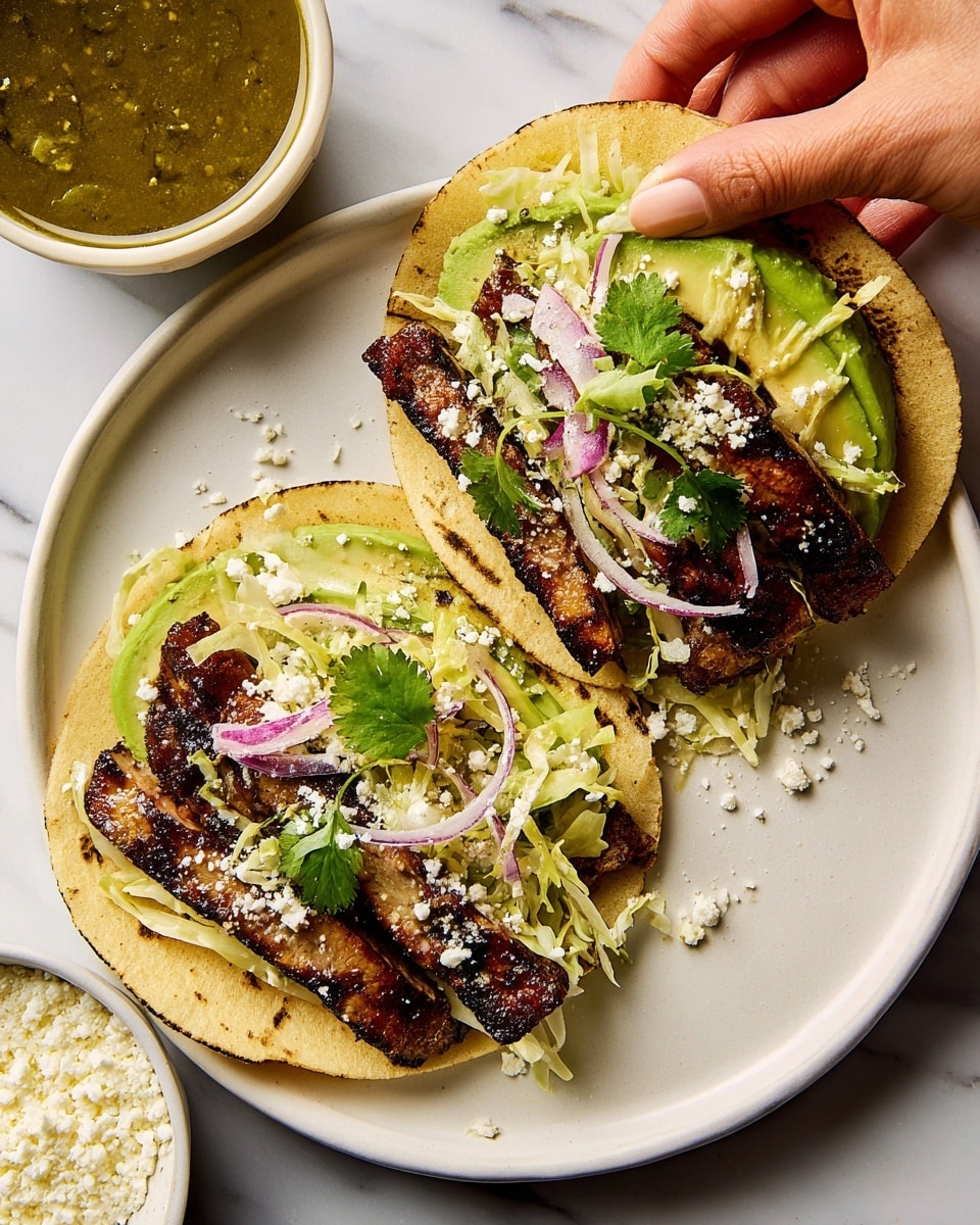 Two small soft corn tortillas are on a white plate over a white marbled surface. Each tortilla has layers starting with light green avocado slices, then grilled dark brown strips of meat with char marks, topped with shredded pale yellow lettuce, thin slices of purple onion, and white crumbly cheese sprinkled on top. Some fresh cilantro leaves add small touches of green. A small white bowl filled with smooth dark green sauce and another small white bowl filled with white crumbly cheese sit near the tacos. A woman's hand is holding the taco on the right side with the thumb and fingers visible. Photo taken with an iphone --ar 4:5 --v 7