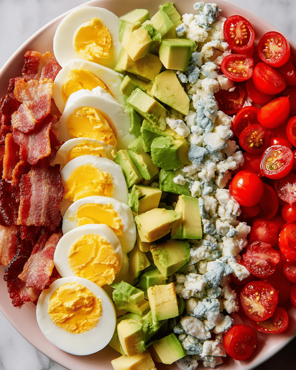 A white plate holds a colorful layered dish arranged in stripes from left to right. The first layer consists of quartered hard-boiled eggs showing vibrant yellow yolks inside white edges. Next to it is a layer of crispy cooked bacon with a reddish-brown texture. This is followed by a row of green avocado cubes with smooth, creamy surfaces. Adjacent to the avocado is a crumbly layer of blue cheese, white with blue veins. The last layer on the far right presents halved red cherry tomatoes with visible seeds and shiny skin. The plate sits on a white marbled surface. photo taken with an iphone --ar 4:5 --v 7