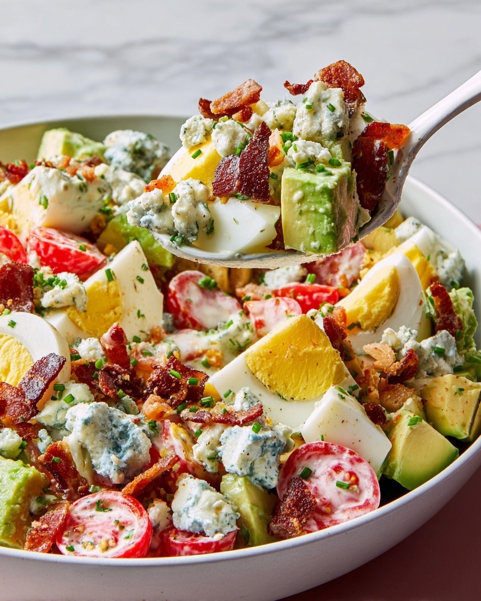 The image shows a close-up of a white bowl filled with a colorful layered salad. The bottom layer consists of chopped green avocado pieces, followed by halved bright red cherry tomatoes scattered throughout. On top, there are chunks of hard-boiled eggs with white and yellow parts clearly visible. Crispy dark brown bacon pieces are mixed in, adding texture and deep color. Crumbled blue cheese with its distinct pale blue and white patches is distributed over the dish. The salad is lightly coated with creamy dressing and garnished with finely chopped green chives. A white spoon lifts a portion of the salad, showing the different textures and colors close up. The background features a white marbled texture. photo taken with an iphone --ar 4:5 --v 7