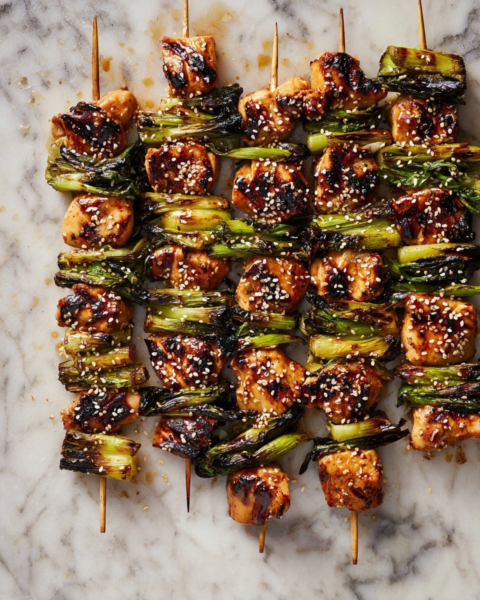 The image shows several skewers of grilled chicken and green vegetables arranged neatly on a white marbled surface. Each skewer has about three to five pieces of golden-brown, slightly charred chicken combined with green vegetables like scallions or leeks, also grilled with some char marks. The grilled chicken pieces are juicy with dark grill lines, and the vegetables display a mix of light and dark green with some smoky black edges. White sesame seeds are sprinkled evenly over the skewers, adding texture and a light contrast to the warm colors of the meat and veggies. The overall look is rustic and appetizing, with the skewers laid out side by side. photo taken with an iphone --ar 4:5 --v 7