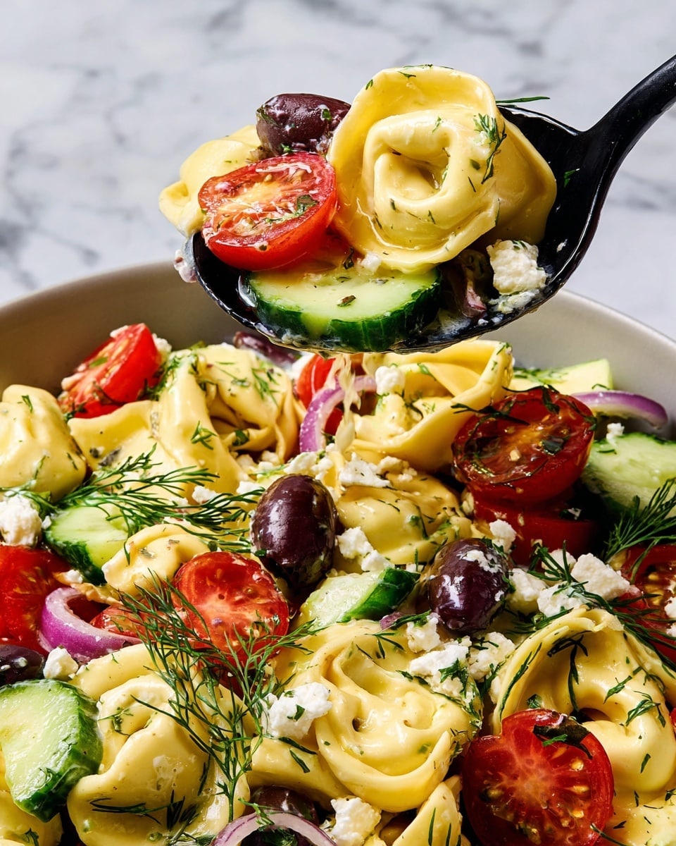 The image shows a close-up of a colorful tortellini pasta salad with layers of light yellow tortellini pasta, bright red cherry tomato halves, and fresh green cucumber slices. There are also dark purple olives and small pieces of white cheese scattered throughout. Delicate green dill sprigs are placed on top, adding a fresh look. The pasta salad is being scooped by a black spoon, with a drop of dressing dripping from it. The whole dish is set against a white marbled surface. photo taken with an iphone --ar 4:5 --v 7