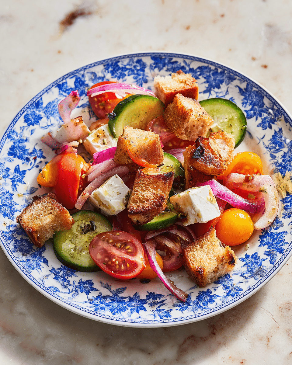A white plate with blue floral patterns holds a colorful salad made of five layers: the bottom layer is toasted bread cubes with a golden-brown crust and soft texture inside, scattered unevenly; the second layer is grilled chunks of red onion with a slightly charred exterior; the third layer is round slices of green cucumber with bright green edges and pale interiors; the fourth layer is halved cherry tomatoes in red and yellow shades with shiny, juicy flesh visible; the top layer includes a few cubes of white cheese with mild browning on edges. The plate sits on a white marbled texture. photo taken with an iphone --ar 4:5 --v 7