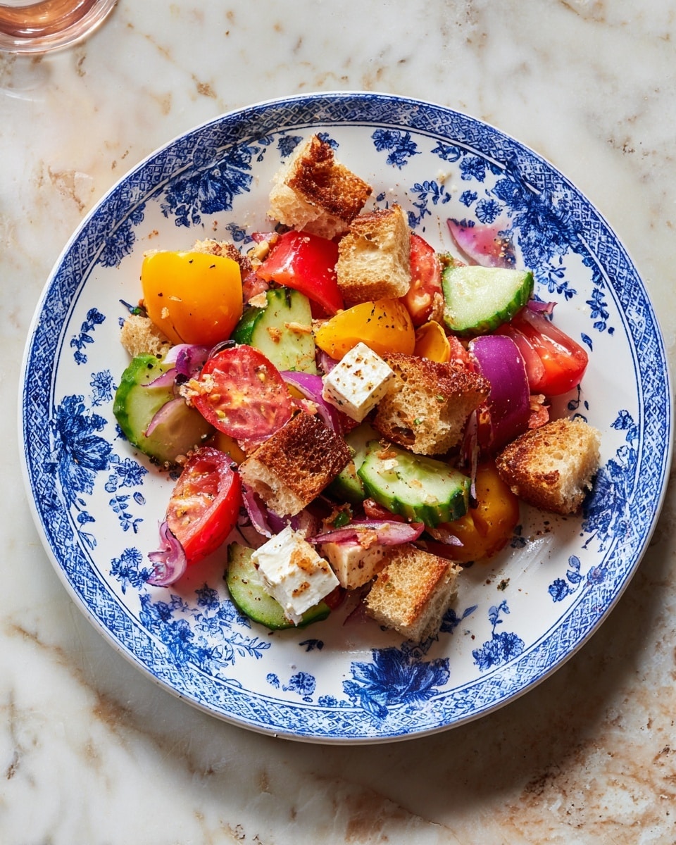 The dish is a colorful salad served on a white plate with a blue floral pattern. It has roughly ten to twelve chunky layers of toasted golden-brown bread pieces scattered across the plate. Mixed in between are bright red and yellow tomato wedges, green cucumber slices with skin, and chopped pieces of purple-red onion. There are also a couple of white cheese cubes with a slightly browned top. The textures vary from crispy bread to juicy, fresh vegetables, all resting on the plate's intricate floral design, against a white marbled background. photo taken with an iphone --ar 4:5 --v 7