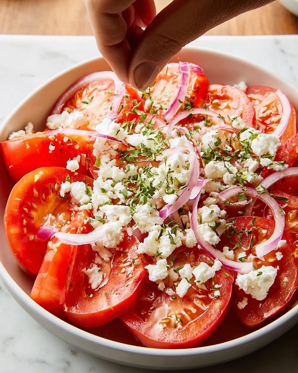A white bowl filled with large, bright red tomato wedges that form the main layer, topped with thin, light purple onion slices scattered across. Crumbled white cheese is sprinkled evenly over the tomatoes, adding a soft, rough texture. Small pieces of fresh green herbs are spread on top, enhancing the color contrast. A woman's hand is seen gently adding herbs, positioned above the bowl. The bowl sits on a white marbled surface with a subtle texture visible in the background. photo taken with an iphone --ar 4:5 --v 7
