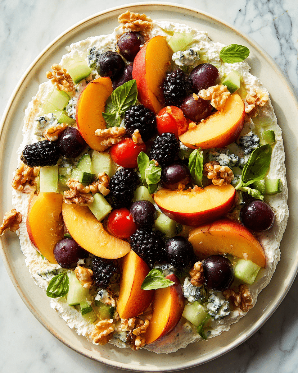A white plate with a spread of creamy white ricotta cheese as the base layer, unevenly spread around the edge; on top are several layers of fresh colorful ingredients including sliced peach wedges with a soft orange color, halved bright red cherry tomatoes, small green cucumber chunks, dark purple blackberries, crumbled blue cheese pieces that are off-white with blue veins, green olives, and walnut pieces scattered throughout; fresh green basil leaves add a touch of color on top, all arranged loosely and naturally on the white plate over a white marbled surface. photo taken with an iphone --ar 4:5 --v 7
