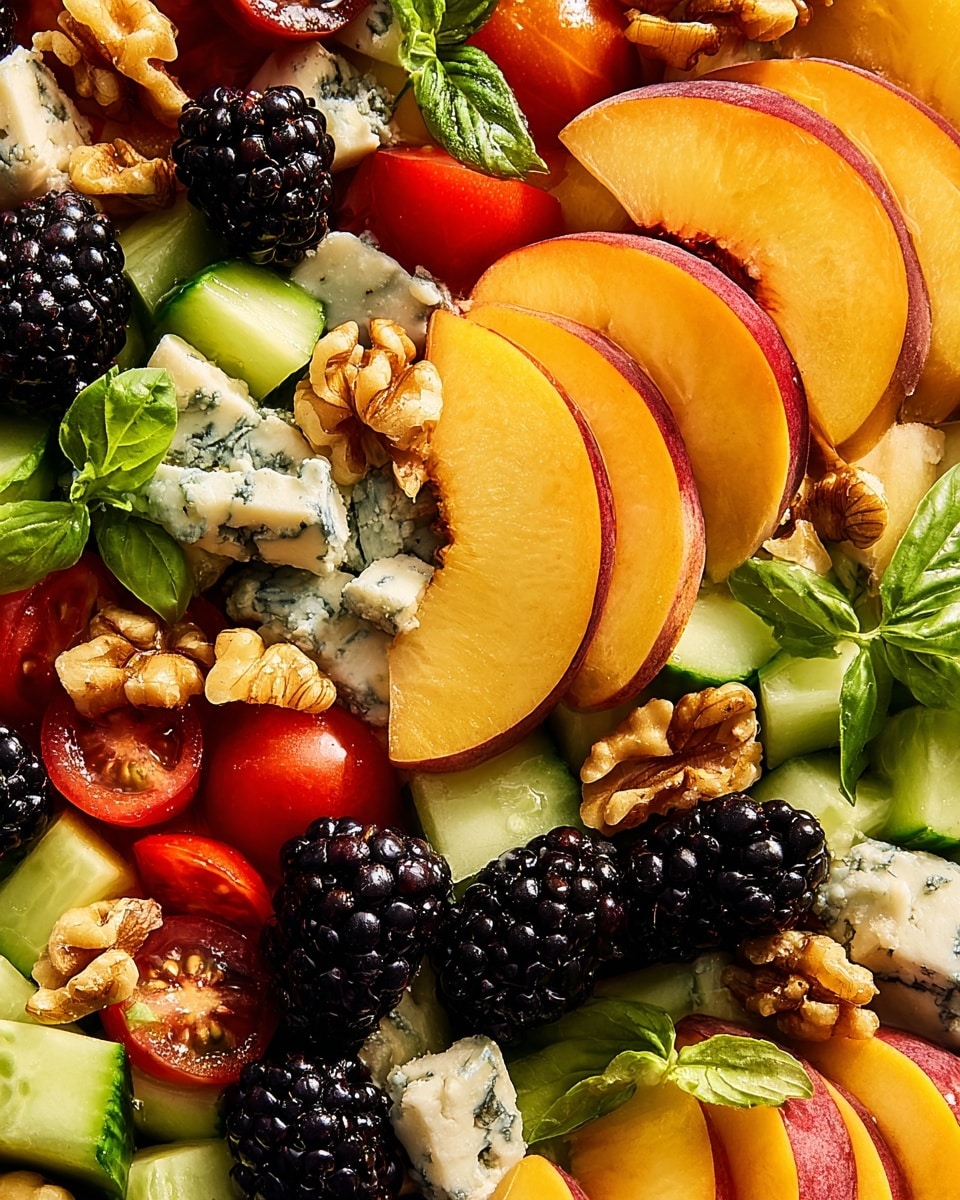 A close-up view of a fresh salad with several layers of colorful ingredients. At the top, there are golden peach slices with a soft shine, placed over a mix of bright red cherry tomato halves and small green cucumber chunks. Among the fruit and vegetables, there are deep black blackberries with a bumpy texture scattered around. Small pieces of blue cheese with white and blue veins sit on top of the other ingredients, adding creamy and crumbly texture. Light brown walnut pieces are scattered evenly throughout, and small green basil leaves add a fresh touch, all against a white marbled background. photo taken with an iphone --ar 4:5 --v 7