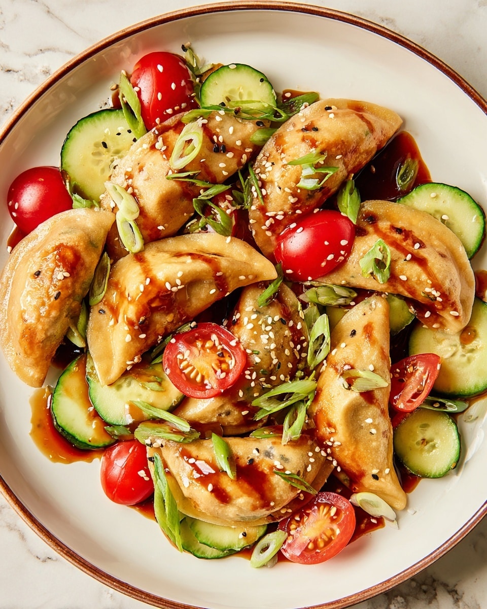 The image shows a white plate with a thin brown edge filled with eight golden-brown half-moon shaped dumplings, each with a slightly crispy texture and drizzled with a dark brown sauce. Among the dumplings are bright red tomato slices and fresh green cucumber slices, both mixed evenly on the plate, adding color contrast. White sesame seeds and small pieces of chopped green onion are sprinkled on top of the dumplings and vegetables, enhancing the texture and look. The plate is set on a white marbled surface that adds a clean, elegant background to the vibrant dish. Photo taken with an iphone --ar 4:5 --v 7