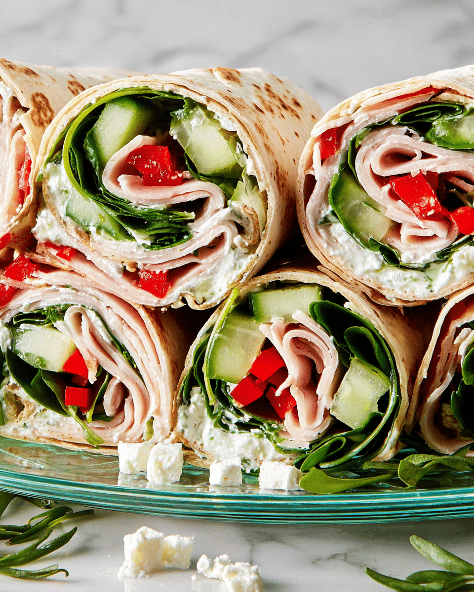 A close-up view of several wraps cut in half, showing layers inside a soft beige flatbread. The wraps have thin slices of light pink turkey meat folded in the middle, bright red spears of roasted pepper, pale green cucumber chunks, dark green fresh spinach leaves, and fluffy white cheese spread. The wraps are placed on a clear glass plate on top of a white marbled surface, with some loose cheese crumbs and a few green herbs scattered around. Photo taken with an iphone --ar 4:5 --v 7