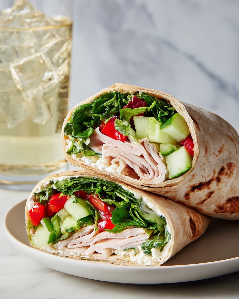 The image shows a wrap cut in half and stacked on a white plate. The wrap has a light brown, soft flatbread exterior with slight toasting marks. Inside the wrap, from bottom to top, there is a creamy white layer that looks like soft cheese, followed by thin layers of light pink deli turkey. Above the turkey, there are small bright red pieces of roasted red bell pepper, then chunks of light green cucumber with smooth skin, and a top layer of fresh dark green leafy vegetables that appear to be a mix of spinach and herbs. In the background, there is a glass of light-colored iced drink with ice cubes. The whole setting is on a white marbled surface. Photo taken with an iphone --ar 4:5 --v 7