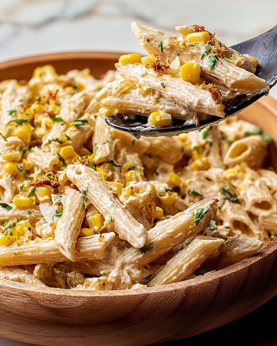 The image shows a close-up of a creamy pasta dish with penne noodles coated in a pale, thick sauce. The pasta is mixed with yellow corn kernels and small green herb pieces scattered throughout. There are some toasted bits giving a slightly darker yellow-brown color, adding texture. Part of the pasta is lifted on a black spoon just above the wooden bowl filled with the same mixture. The background has a white marbled texture. photo taken with an iphone --ar 4:5 --v 7