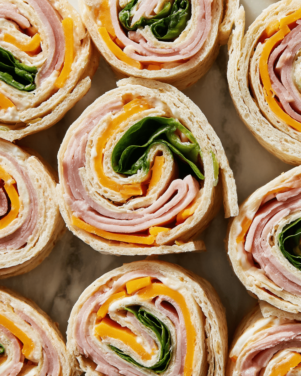The image shows close-up slices of tortilla roll-ups arranged tightly together on a white marbled surface. Each roll-up has four visible layers starting from the outside: a soft beige tortilla, followed by a layer of bright orange cheddar cheese, then a pale pink turkey or ham meat layer, and a fresh green spinach leaf in the center showing curled edges. The creamy mayonnaise or sauce is thinly spread inside the tortilla, adding a light shine. The textures are soft and smooth with some tiny air pockets in the tortilla, and the colors create a fresh and appetizing swirl pattern. photo taken with an iphone --ar 4:5 --v 7