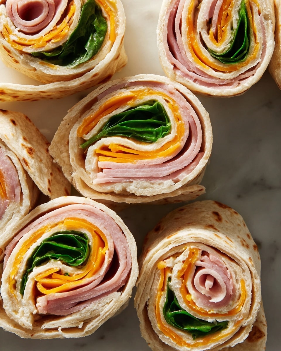 The image shows close-up of several sandwich pinwheels arranged on a white marbled surface. Each pinwheel is made with a soft, light beige tortilla wrap that has some toasted brown spots. Inside, there is a layer of sliced ham with a pink color, followed by a thin layer of orange cheddar cheese. At the center, bright green fresh spinach leaves add a fresh look. The layers are clearly visible in the spiral form, making the pinwheels look neat and colorful. photo taken with an iphone --ar 4:5 --v 7
