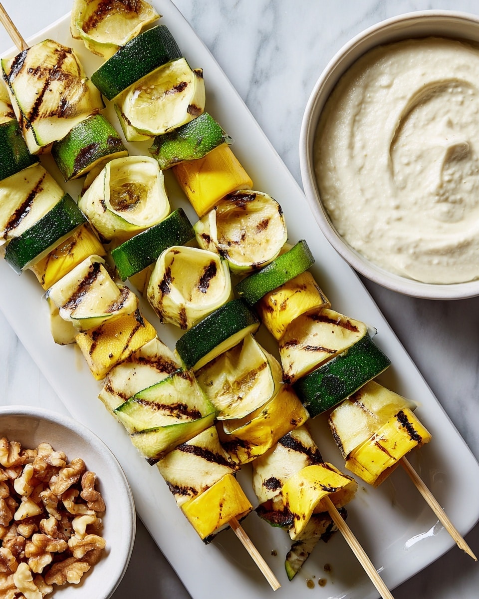 A white rectangular plate holds several skewers of grilled vegetables, alternating between green zucchini and yellow squash slices. Each skewer has thinly sliced, folded vegetable strips with dark grill lines creating texture across the smooth skin. On the right side, there is a white bowl filled with a creamy white dip showing a soft, slightly textured surface. In the bottom left corner, part of another white bowl is visible holding walnut halves in a light golden liquid. The entire scene is set on a white marbled surface. photo taken with an iphone --ar 4:5 --v 7