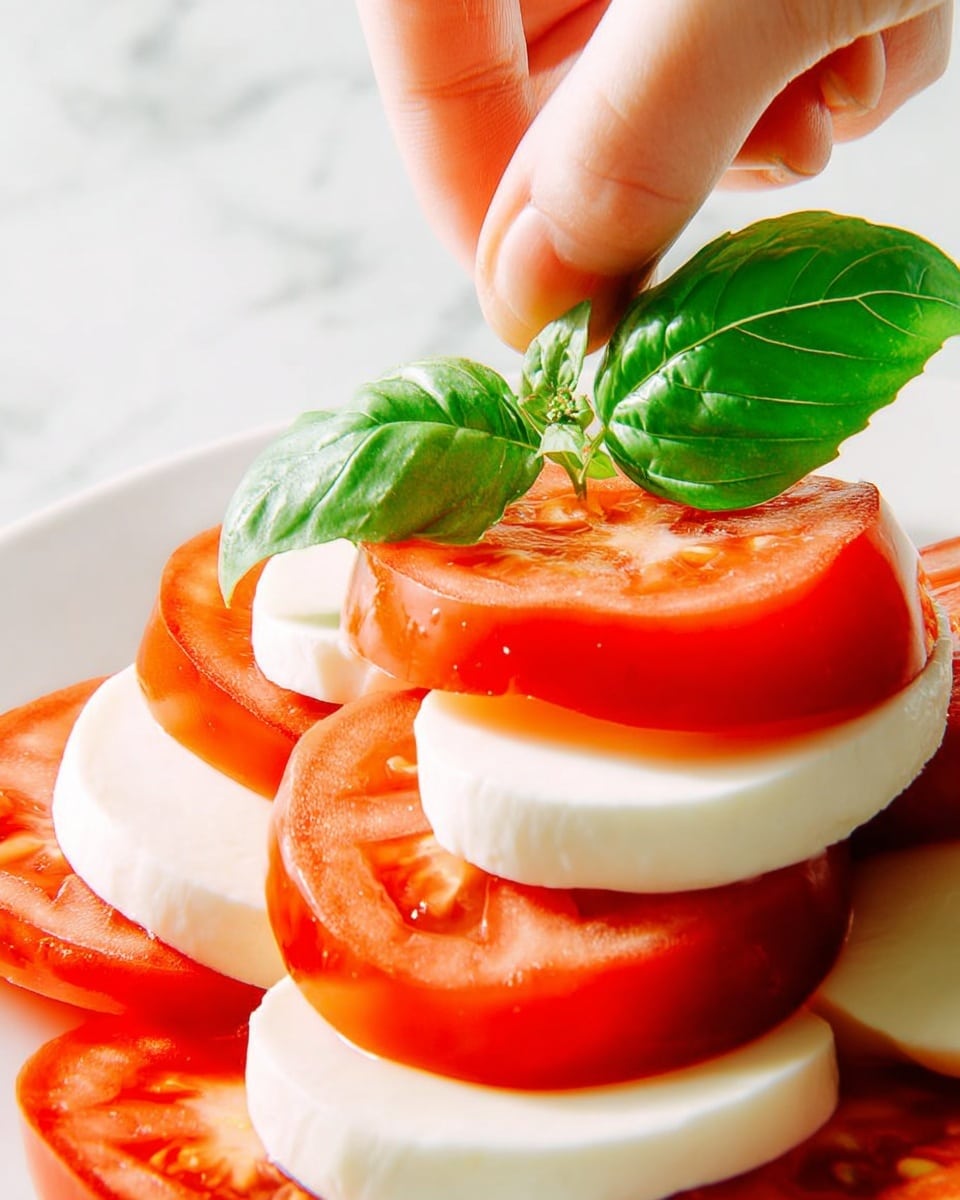 A close-up image of a fresh Caprese salad arranged in layers on a white plate, starting with thick, round slices of red tomato with a juicy texture, alternating with smooth, white oval slices of mozzarella cheese. On top, a woman's hand is placing a bright green basil leaf, slightly shiny and veined, adding a fresh touch. The background is a white marbled texture, highlighting the colors of the ingredients. photo taken with an iphone --ar 4:5 --v 7