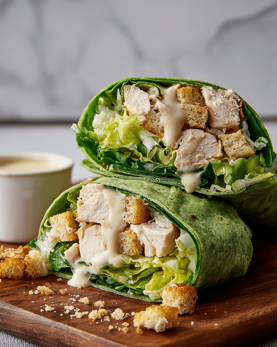 The image shows a close-up of a wrap cut in half, stacked on top of each other on a wooden board with a few breadcrumbs scattered around. The wrap is green, made from a spinach tortilla, and has three visible layers inside: the outer layer is fresh, bright green lettuce with a crisp texture, the middle layer contains chunky, cooked chicken pieces in light brown and beige shades, and the innermost layer includes crunchy-looking golden brown croutons with creamy light beige sauce dripping slightly from the edges. In the background, part of a white cup with more sauce or dressing is visible on a white marbled surface. photo taken with an iphone --ar 4:5 --v 7