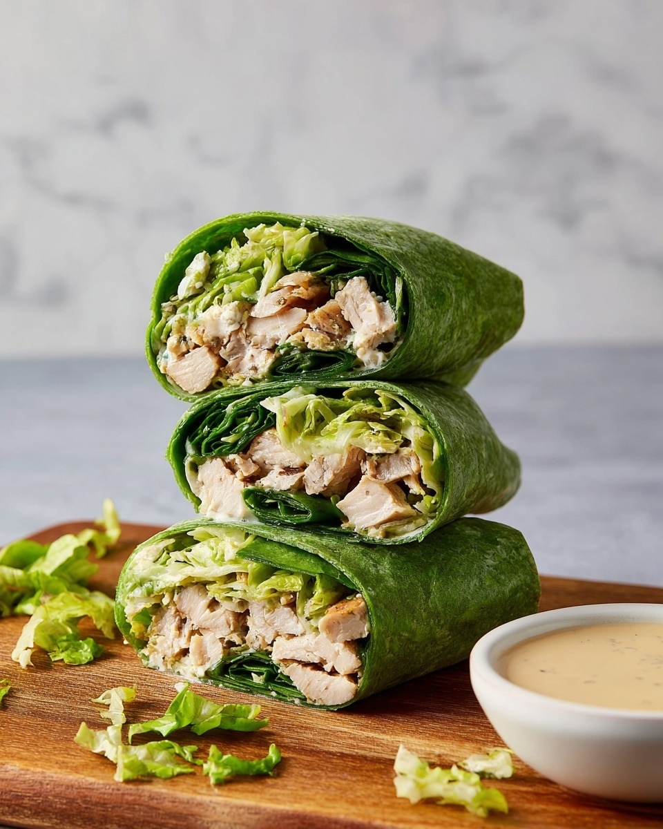 The image shows a stack of three green spinach wraps cut in half and filled with three visible layers: a bottom layer of chopped cooked chicken pieces with a light brown color, a middle layer of fresh green lettuce, and a creamy, light-colored dressing mixed with the chicken. The wraps are placed on a wooden board with some loose lettuce pieces scattered around. To the right side of the stack, there is a small white bowl filled with a light beige sauce. The background is a white marbled texture. photo taken with an iphone --ar 4:5 --v 7