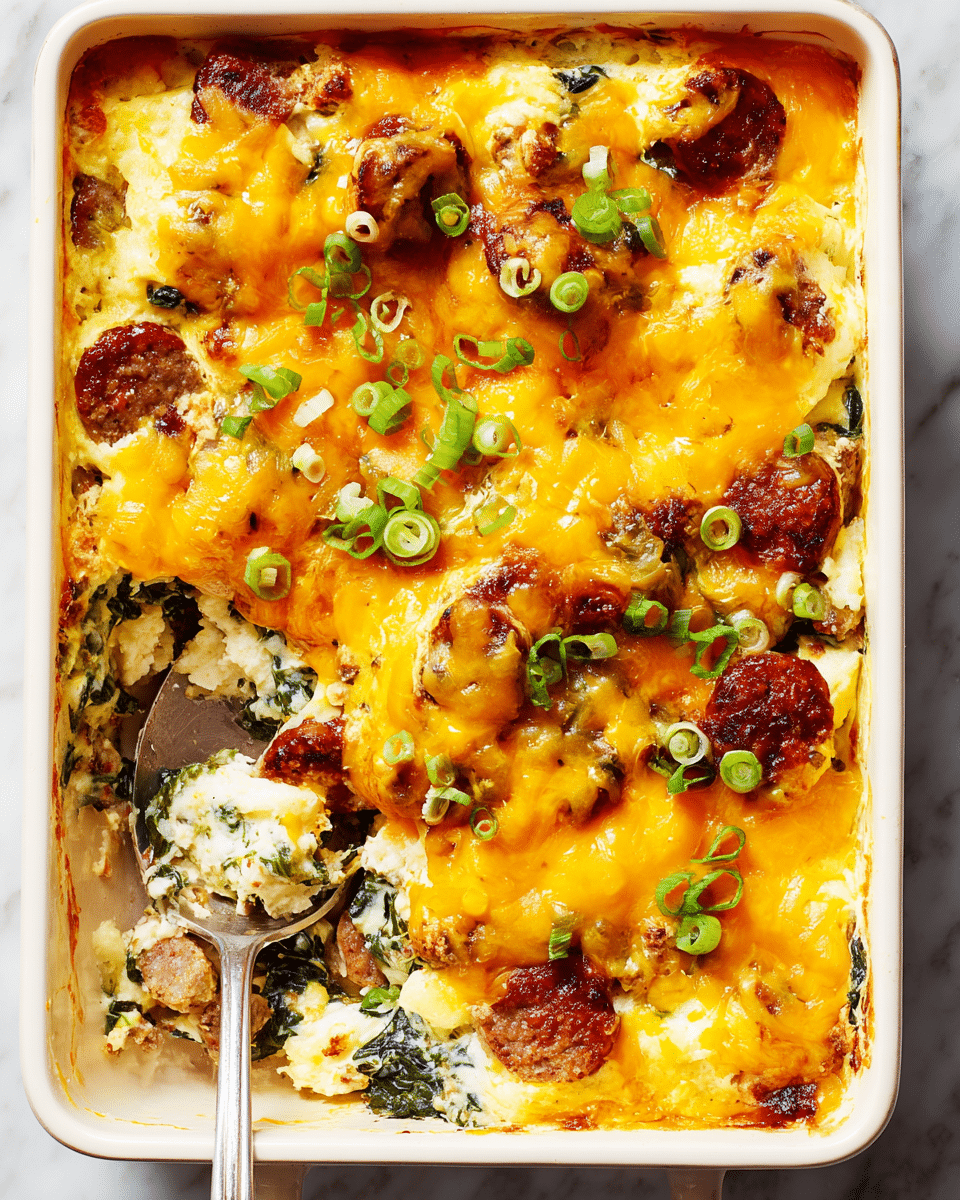 A white rectangular baking dish filled with a layered casserole, starting from a base of creamy white ricotta cheese mixed with pieces of dark green cooked spinach, followed by browned sausage slices that have a reddish-brown color, topped with a thick layer of melted bright yellow-orange cheddar cheese that looks gooey and slightly browned in spots, sprinkled with fresh green chopped scallions scattered on top, next to a large silver serving spoon that is partially scooping out a portion showing the soft layers inside, all placed on a white marbled surface. photo taken with an iphone --ar 4:5 --v 7