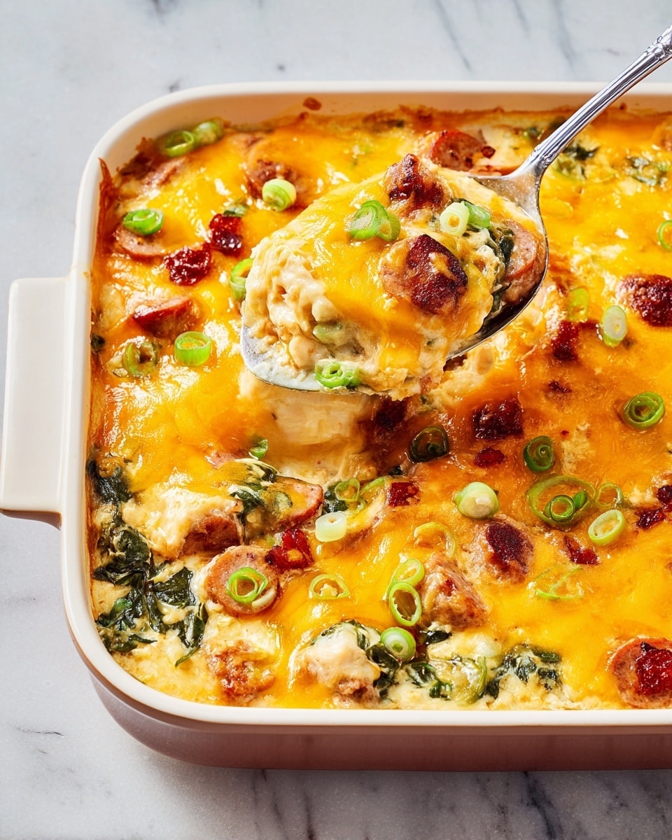 The dish is a baked casserole with multiple layers visible. The bottom layer is a creamy, white base mixed with green leafy vegetables and small round slices of browned sausage. Above this is a thick layer of melted bright orange cheddar cheese that covers the dish evenly, with some darker spots where it has lightly browned. Scattered on the top are thin rings of light green scallions adding a fresh touch. A spoon scoops a portion, showing the soft and creamy white base, pieces of sausage, and melted cheese stretching slightly. The background is a white marbled texture. photo taken with an iphone --ar 4:5 --v 7