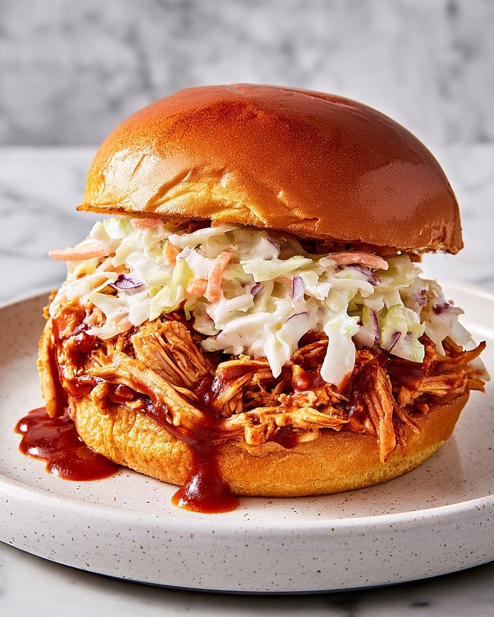 A close-up of a pulled chicken sandwich on a shiny, toasted golden top bun. The sandwich has two main layers: the bottom thick layer of juicy, saucy shredded chicken with a rich reddish-brown barbecue sauce dripping slightly onto a white plate, and on top of the chicken a creamy white coleslaw with visible bits of shredded cabbage and carrot adding texture and a touch of purple and orange. The sandwich sits on a white plate with a faint speckled pattern, all set against a white marbled background. photo taken with an iphone --ar 4:5 --v 7