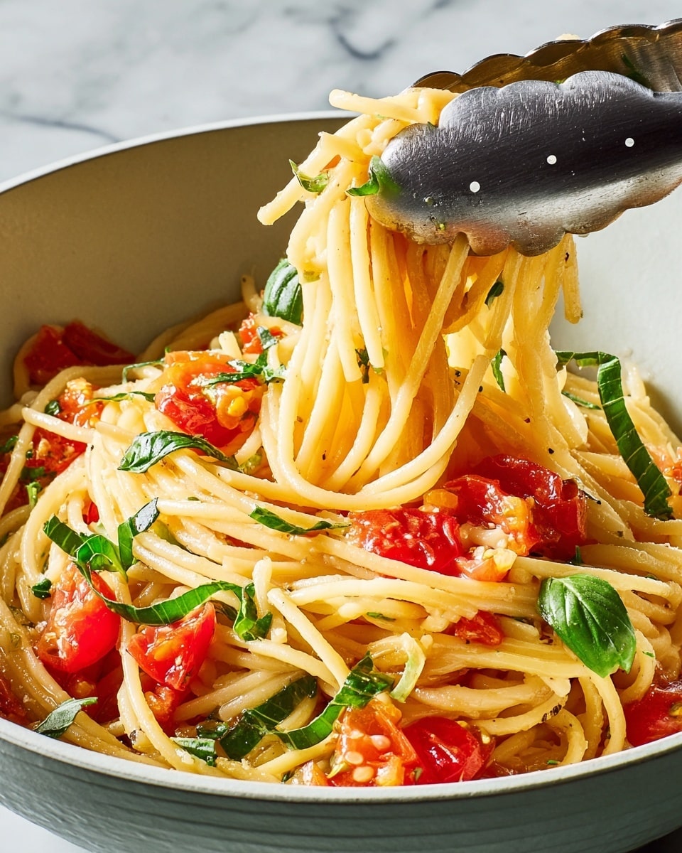 A close-up of cooked spaghetti pasta tossed with small red tomato pieces and thinly sliced green basil leaves in a round white bowl. The spaghetti is pale yellow and shiny, mixed evenly with the red, soft tomatoes and fresh green basil. A shiny metal tong lifts a portion of the spaghetti, showing its long, smooth strands with some tomato and basil clinging to them. The background is a white marbled surface, creating a clean and bright setting. photo taken with an iphone --ar 4:5 --v 7