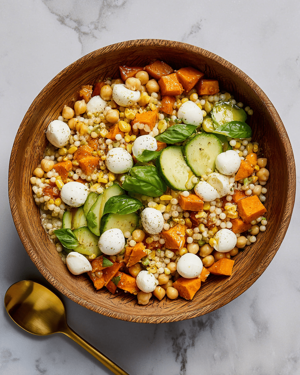 A wooden bowl is filled with a layered salad starting with small, pale pearl couscous as the base. Mixed in are light beige chickpeas and golden roasted corn kernels with a slightly charred look. Bright orange roasted sweet potato pieces are scattered evenly throughout, adding a warm tone. Thick slices of fresh green cucumber sit on top, alongside smooth, white mozzarella balls spread across the salad. A few fresh green basil leaves provide a pop of color on the top. The bowl sits on a white marbled surface with a gold spoon nearby. photo taken with an iphone --ar 4:5 --v 7