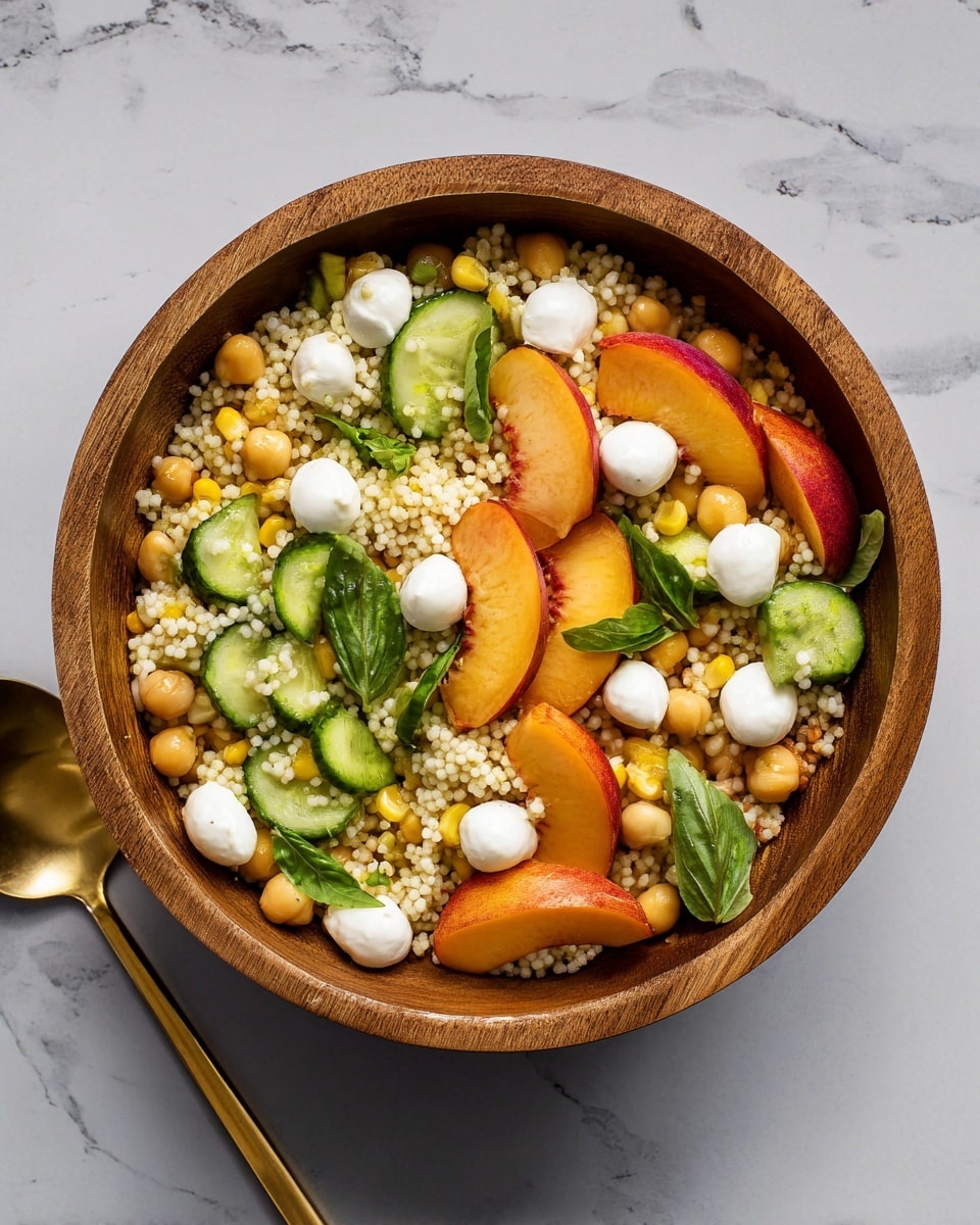 A wooden bowl holds a colorful salad with about four main layers: the base is small round white couscous grains mixed with yellow corn kernels and light beige chickpeas, followed by bright orange peach slices scattered on top, next come green cucumber slices with visible seeds placed evenly, and finally small white mozzarella balls and fresh green basil leaves are spread over the salad, creating a fresh and colorful look. The bowl is placed on a white marbled surface with a gold spoon beside it. photo taken with an iphone --ar 4:5 --v 7